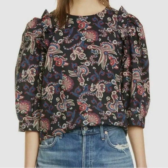 EUC Ba&sh Rym Top Black Ruffle Paisley Medium M 100% Cotton - Picture 2 of 10
